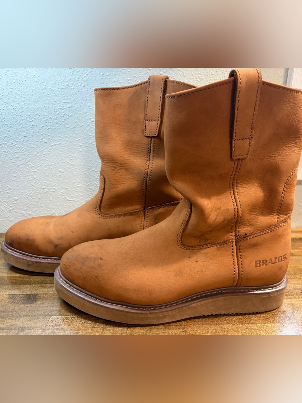Brazos Men’s Tan Leather Pull-On Steel Toe Work Boots Size 9.5